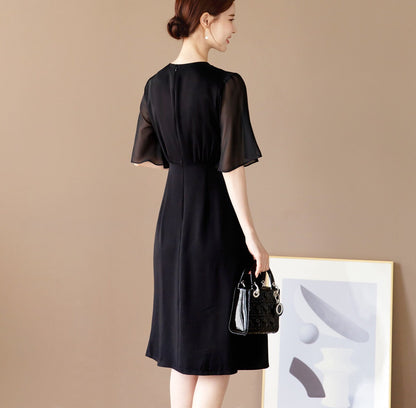 Half Wing Chiffon sleeve V-neck Spring Summer Dress / Korean Style Black Midi Dress / Luxury wear Elegant Dress / Plus Size Dress