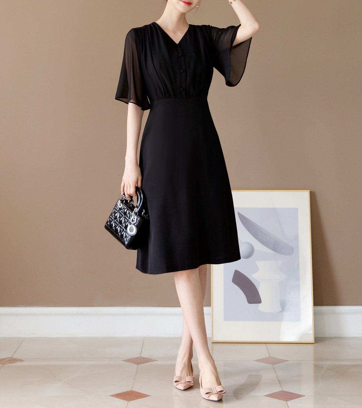 Half Wing Chiffon sleeve V-neck Spring Summer Dress / Korean Style Black Midi Dress / Luxury wear Elegant Dress / Plus Size Dress