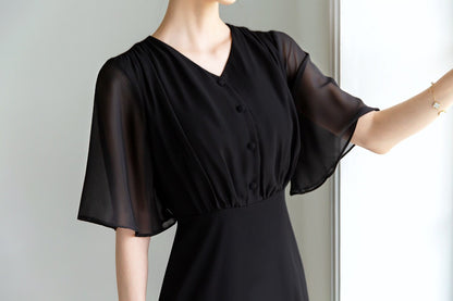 Half Wing Chiffon sleeve V-neck Spring Summer Dress / Korean Style Black Midi Dress / Luxury wear Elegant Dress / Plus Size Dress