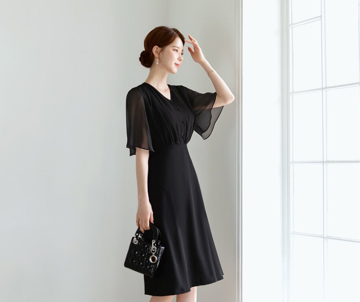 Half Wing Chiffon sleeve V-neck Spring Summer Dress / Korean Style Black Midi Dress / Luxury wear Elegant Dress / Plus Size Dress