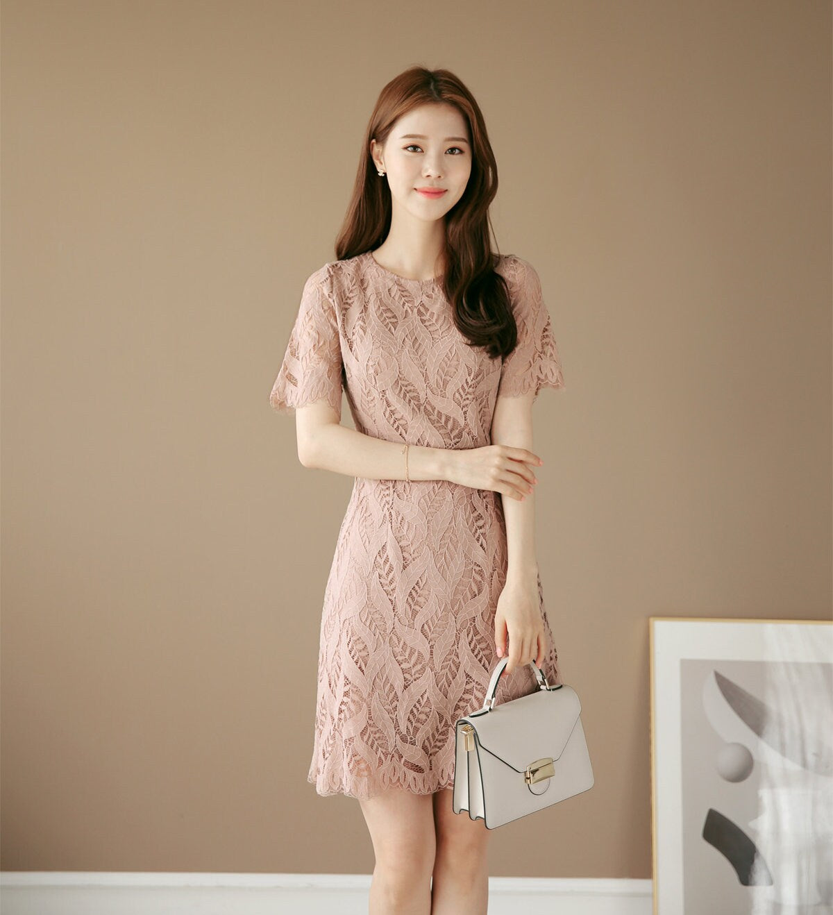 Short Sleeve Spring Summer Lace Mini Dress / Korean Style Pink Midi Dress / Luxury wear Elegant Dress / Bridesmaid Dress / Plus Size Dress