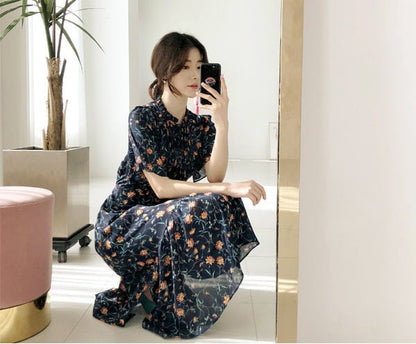 Floral Chiffon Long Dress / Short Sleeve Spring Summer Side Slit Dress / Korean Style Feminin Midi Dress / Plus Size Dress