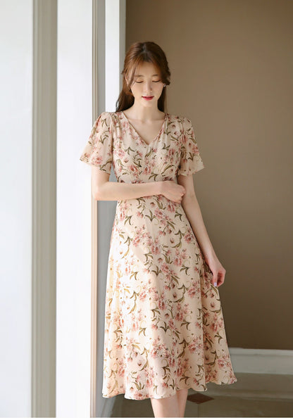 Floral Pattern Spring Summer Midi Dress / Korean Style Women Long Dress / Short Sleeve Dress / Feminin Elegant Dress / Plus Size Dress