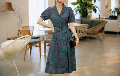 Puff Sleeve Button Long Dress with Belt / Korean Style Elegant Feminin Shirtdress / Short Sleeve Spring Summer Midi Dress / Plus Size Dress