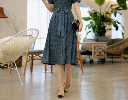 Puff Sleeve Button Long Dress with Belt / Korean Style Elegant Feminin Shirtdress / Short Sleeve Spring Summer Midi Dress / Plus Size Dress