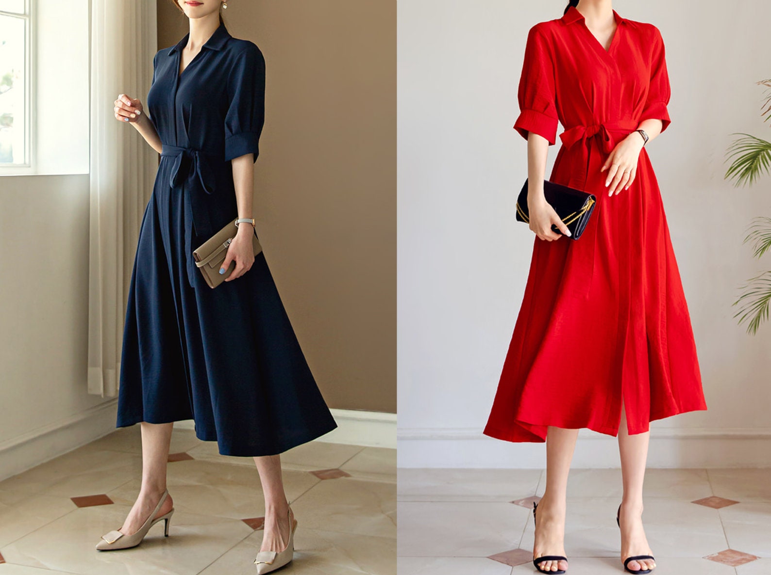 Korean Style Pintuck Midi Dress / Hidden Button Belted Shirt Dress / V-neck Spring Summer Long Dress / Elegant Feminin Dress / Plus Size