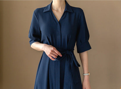 Korean Style Pintuck Midi Dress / Hidden Button Belted Shirt Dress / V-neck Spring Summer Long Dress / Elegant Feminin Dress / Plus Size