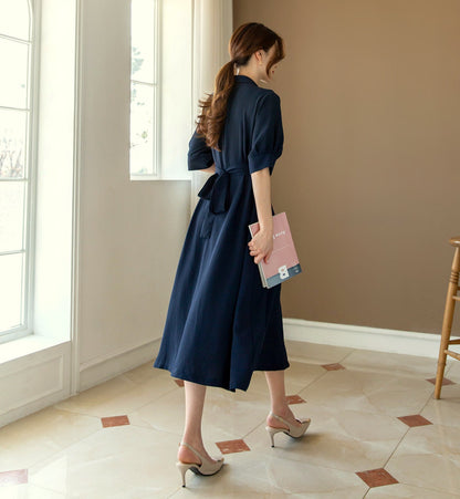 Korean Style Pintuck Midi Dress / Hidden Button Belted Shirt Dress / V-neck Spring Summer Long Dress / Elegant Feminin Dress / Plus Size