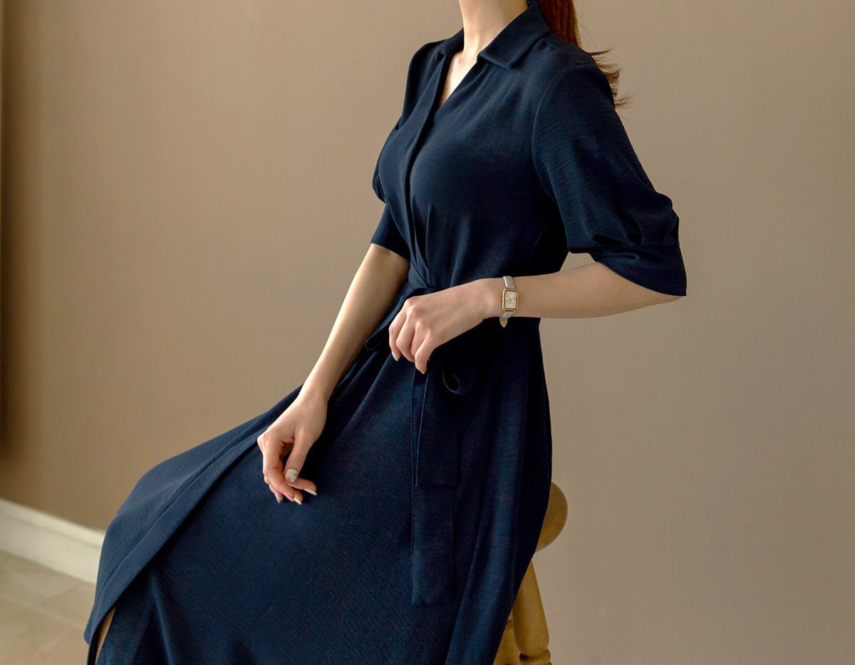 Korean Style Pintuck Midi Dress / Hidden Button Belted Shirt Dress / V-neck Spring Summer Long Dress / Elegant Feminin Dress / Plus Size