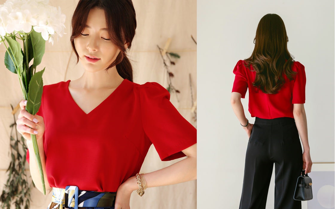 Spring Summer Short Sleeve V Neck Blouse / Korean Style Women Clothes / Puff Sleeve Office Look Top / Everyday Soft Blouse / Plus Size