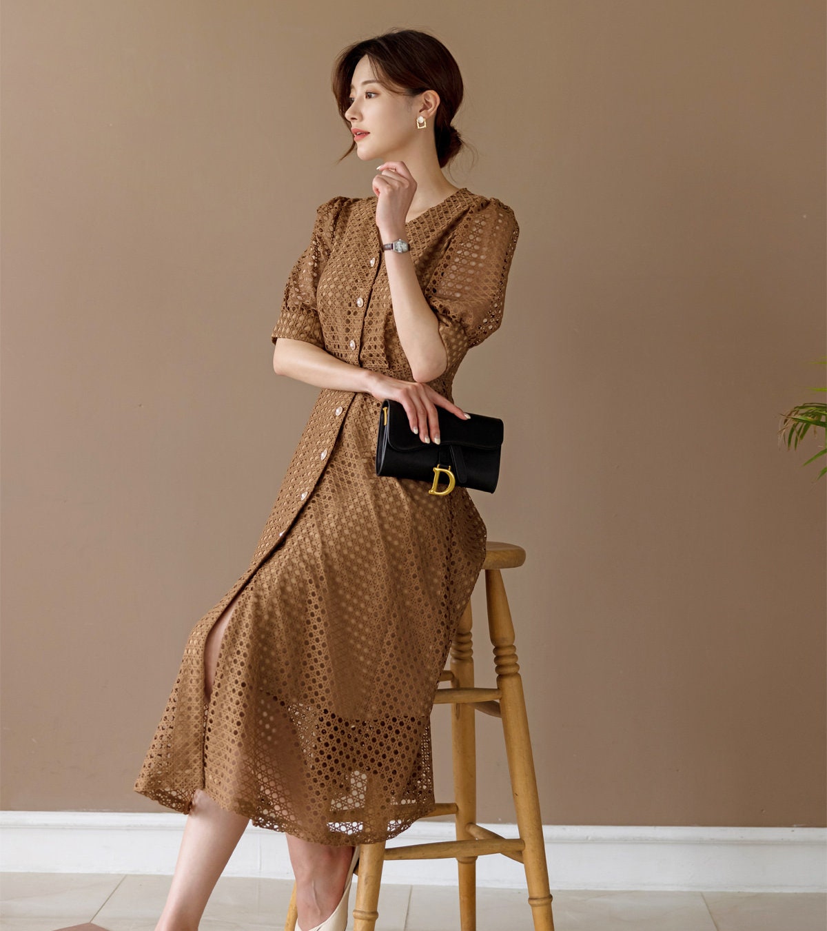 V Neck Puff Sleeve Eyelet Lace Button Long Dress / Korean Style Elegant Feminin Shirtdress / Short Sleeve Midi Dress / Plus Size Dress