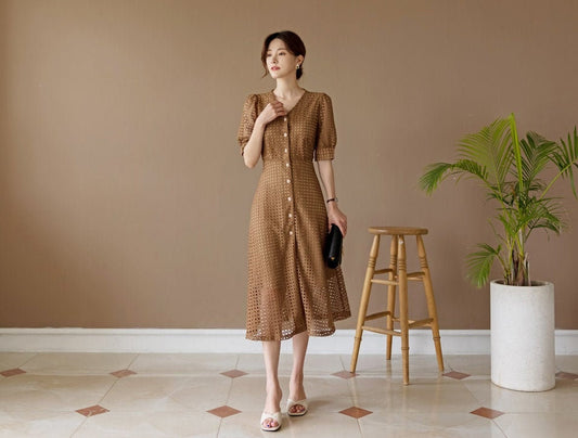 V Neck Puff Sleeve Eyelet Lace Button Long Dress / Korean Style Elegant Feminin Shirtdress / Short Sleeve Midi Dress / Plus Size Dress