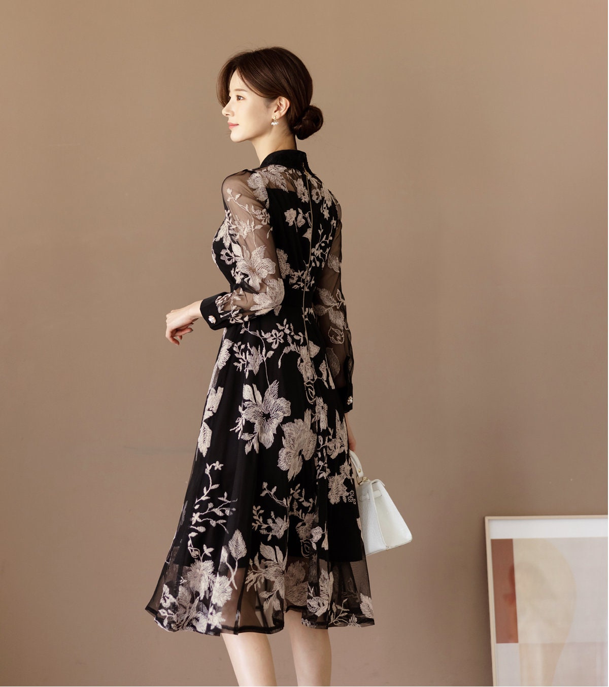 Flower Embroidery See-Through Dress / Floral Pattern Midi Dress / Korean Style Women Long Dress / Feminin Elegant Dress / Plus Size Dress