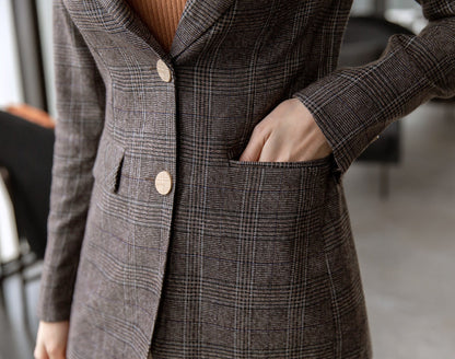 Check Pattern Women Blazer / Korean Style Tailored Jacket for Women / Gold Button Jacket