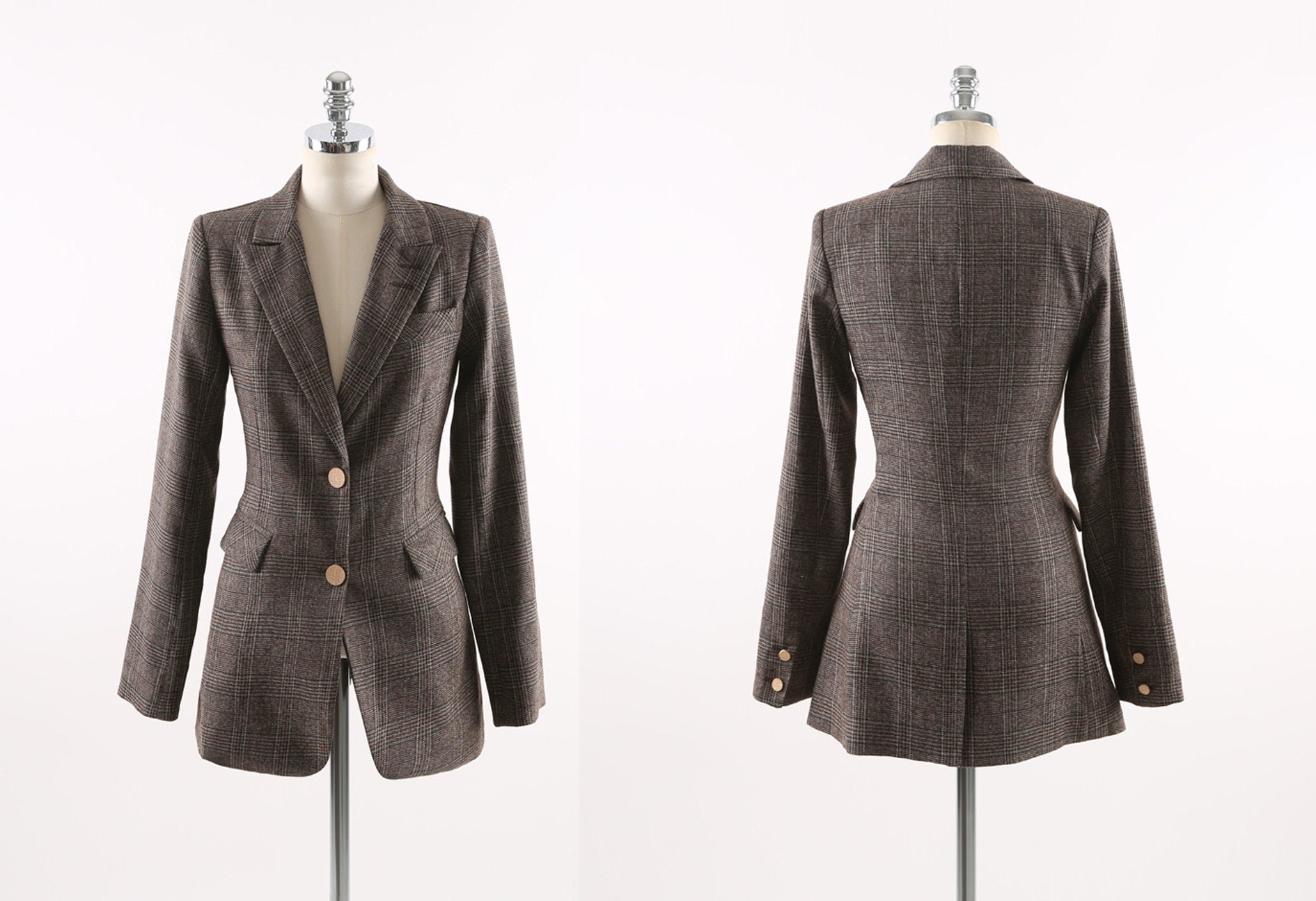 Check Pattern Women Blazer / Korean Style Tailored Jacket for Women / Gold Button Jacket