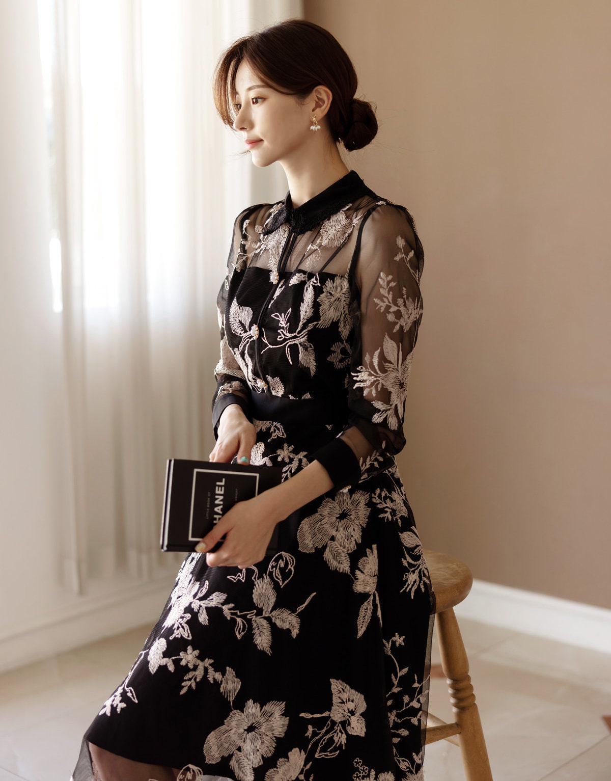 Flower Embroidery See-Through Dress / Floral Pattern Midi Dress / Korean Style Women Long Dress / Feminin Elegant Dress / Plus Size Dress