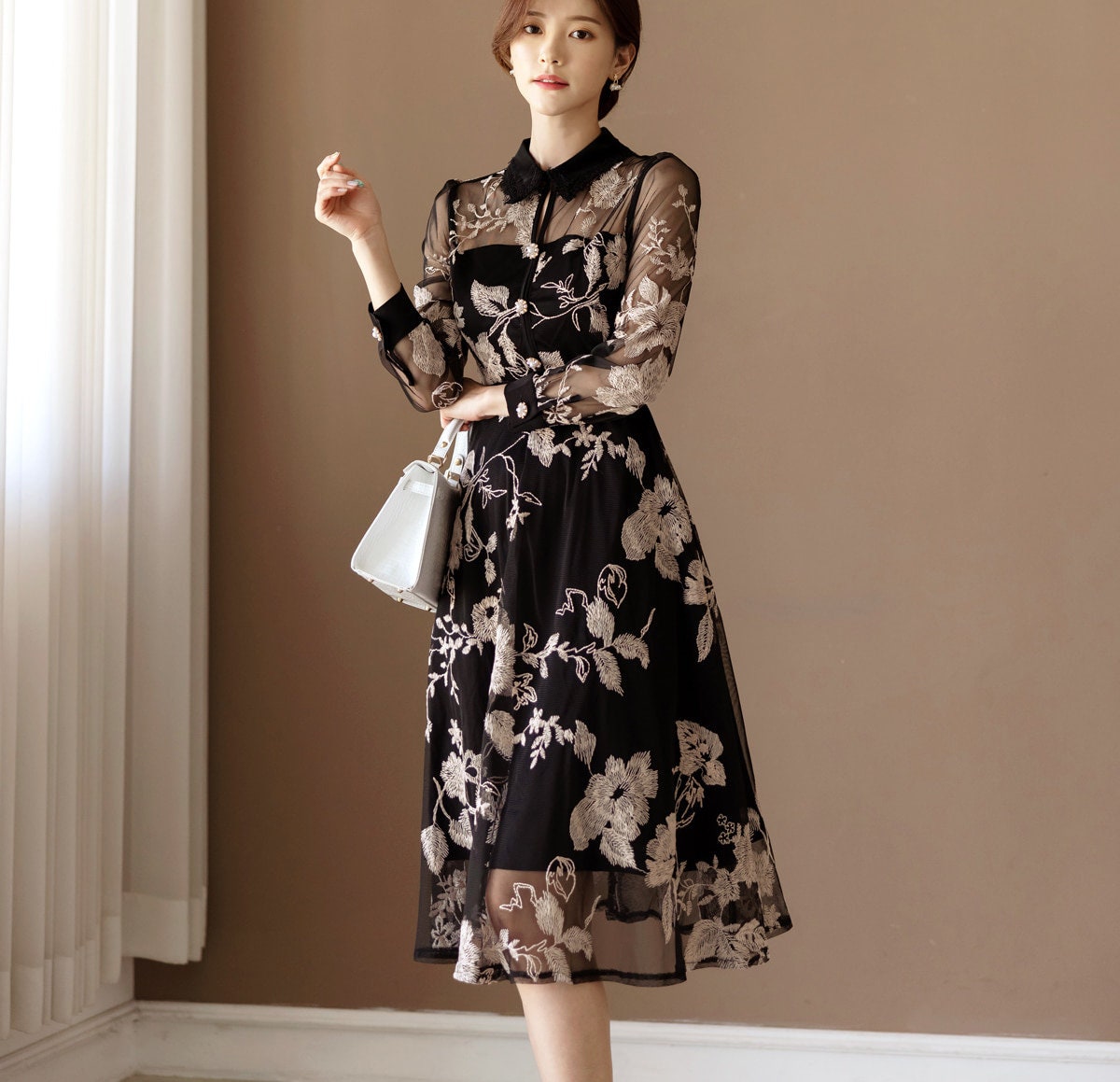 Flower Embroidery See-Through Dress / Floral Pattern Midi Dress / Korean Style Women Long Dress / Feminin Elegant Dress / Plus Size Dress