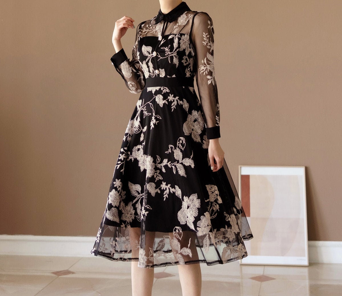 Flower Embroidery See-Through Dress / Floral Pattern Midi Dress / Korean Style Women Long Dress / Feminin Elegant Dress / Plus Size Dress