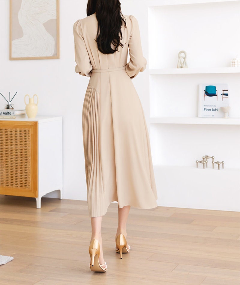 Beige draped Midi Dress with Belt / V-neck Unbalance Side Pleated Long Dress / Korean Style Women Dress / Elegant Feminin Dress / Plus Size