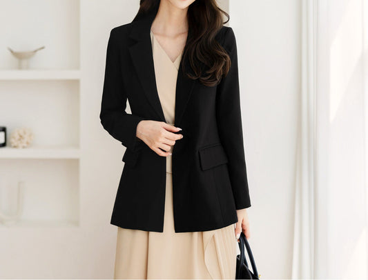 Women Basic Black Blazer / Korean Style Tailored Jacket for Women / One Button Jacket / Plus Size Jacket