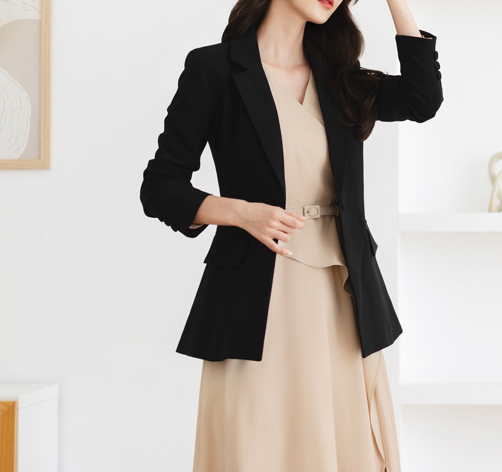 Women Basic Black Blazer / Korean Style Tailored Jacket for Women / One Button Jacket / Plus Size Jacket