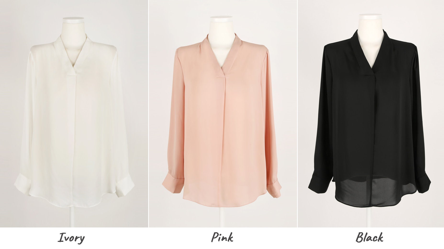 Basic V-Neck Silky Long Sleeve Blouse / Korean Style Luxury Feminine Women Clothes / Stylish Office Look Top / Everyday Soft Blouse