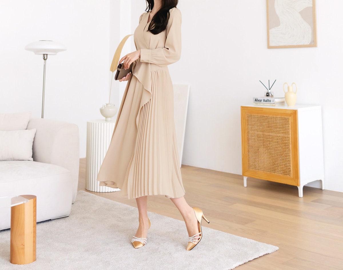 Beige draped Midi Dress with Belt / V-neck Unbalance Side Pleated Long Dress / Korean Style Women Dress / Elegant Feminin Dress / Plus Size