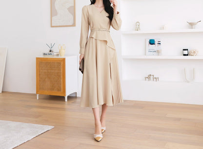 Beige draped Midi Dress with Belt / V-neck Unbalance Side Pleated Long Dress / Korean Style Women Dress / Elegant Feminin Dress / Plus Size