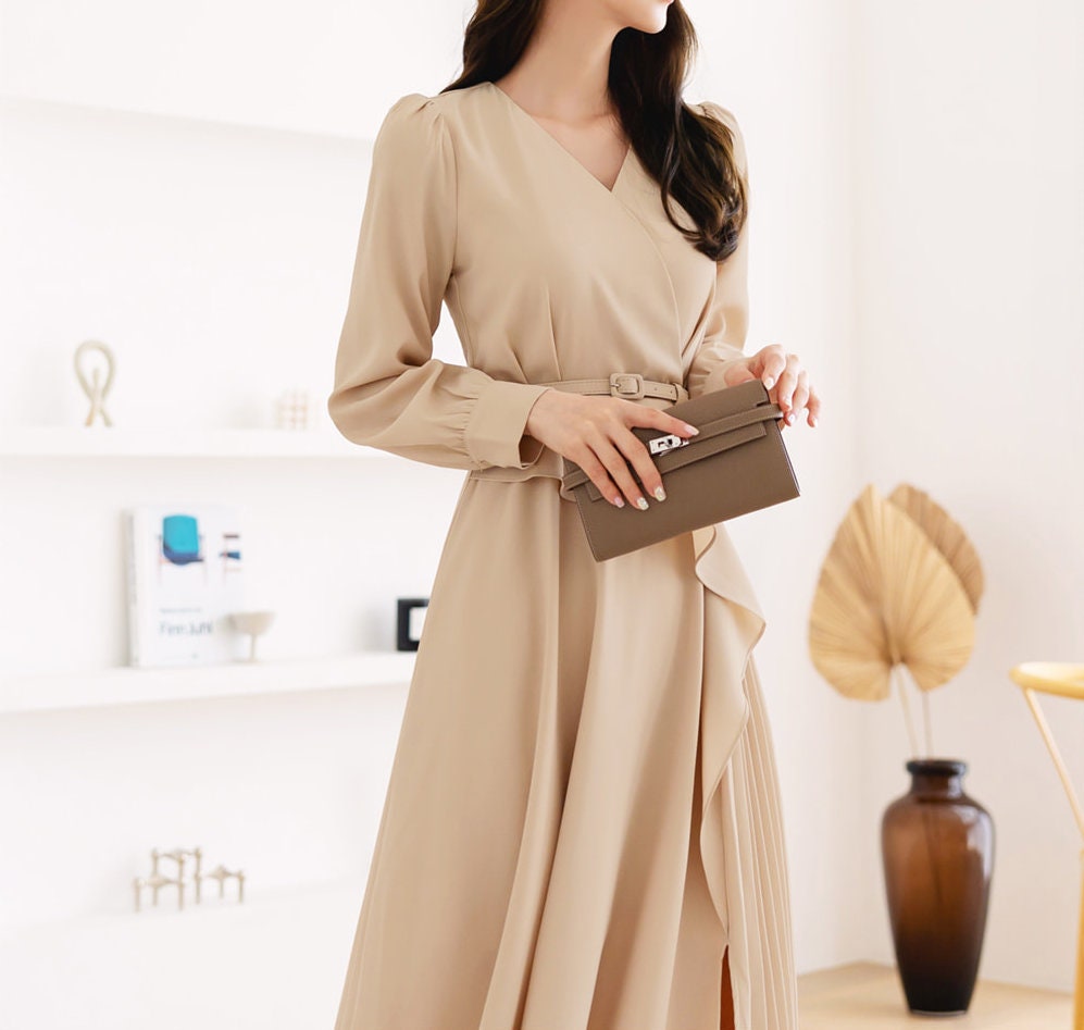 Beige draped Midi Dress with Belt / V-neck Unbalance Side Pleated Long Dress / Korean Style Women Dress / Elegant Feminin Dress / Plus Size