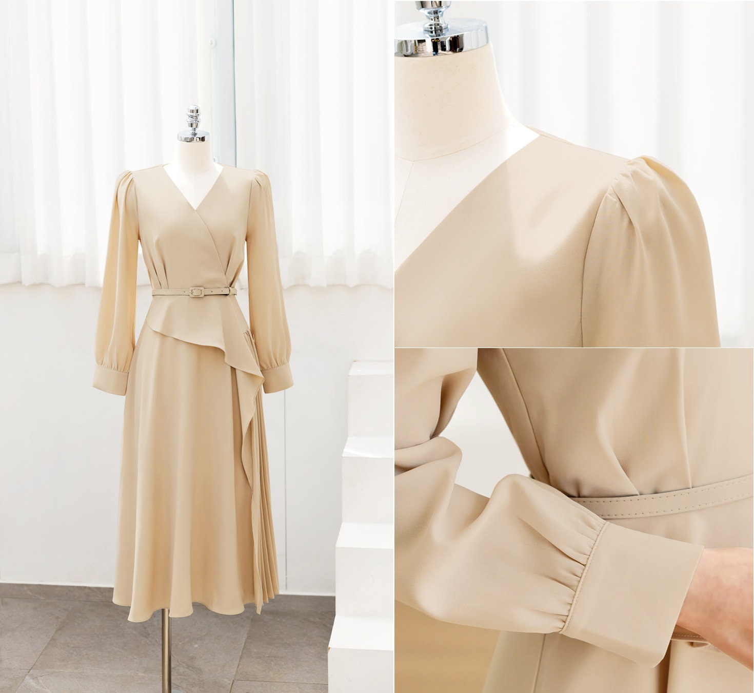 Beige draped Midi Dress with Belt / V-neck Unbalance Side Pleated Long Dress / Korean Style Women Dress / Elegant Feminin Dress / Plus Size