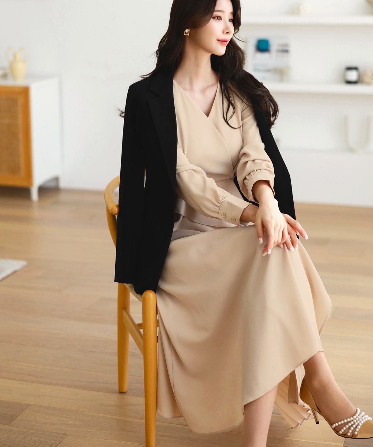 Beige draped Midi Dress with Belt / V-neck Unbalance Side Pleated Long Dress / Korean Style Women Dress / Elegant Feminin Dress / Plus Size