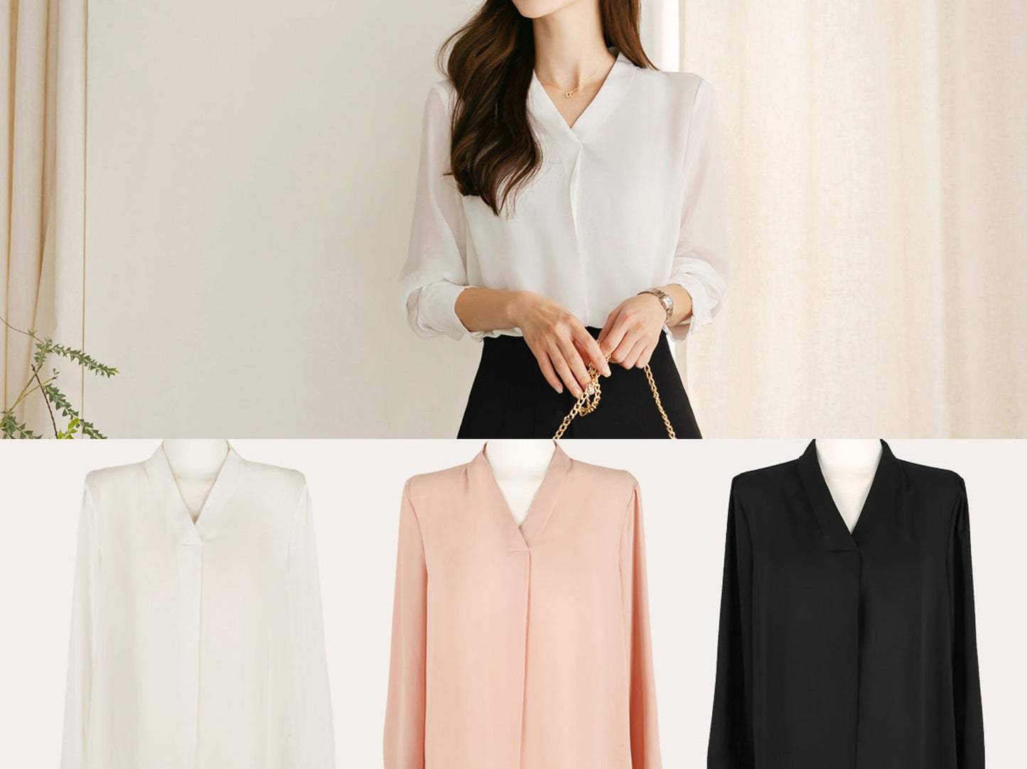 Basic V-Neck Silky Long Sleeve Blouse / Korean Style Luxury Feminine Women Clothes / Stylish Office Look Top / Everyday Soft Blouse