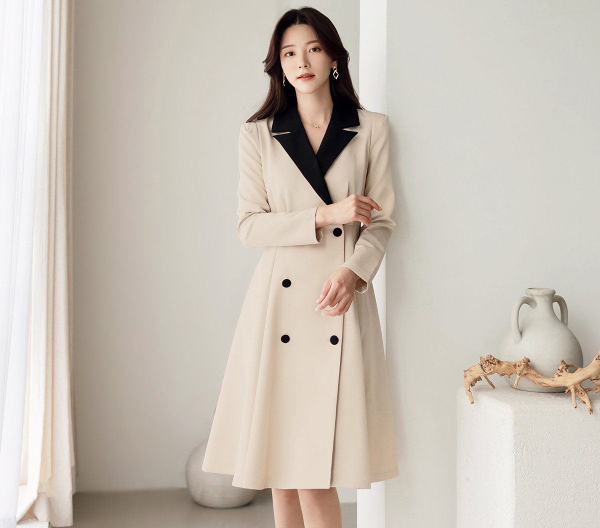 Korean Style Double Breasted Blazer Dress / V Neck Elegant Feminin Dress with Belt / Short Sleeve Modern Chic Midi Dress / Plus Size