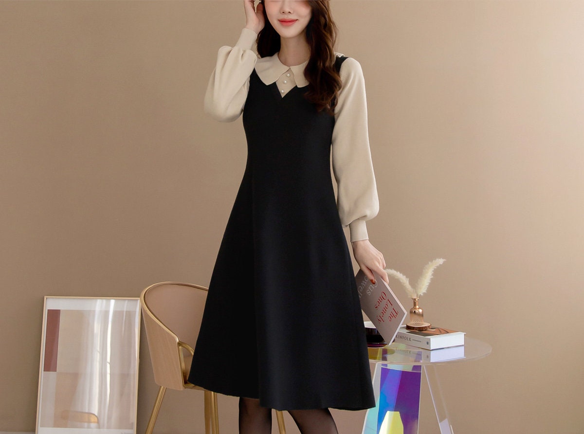 Puff Sleeve Flare Knit Dress / Korean Style Women Dress / Elegant Feminin Dress