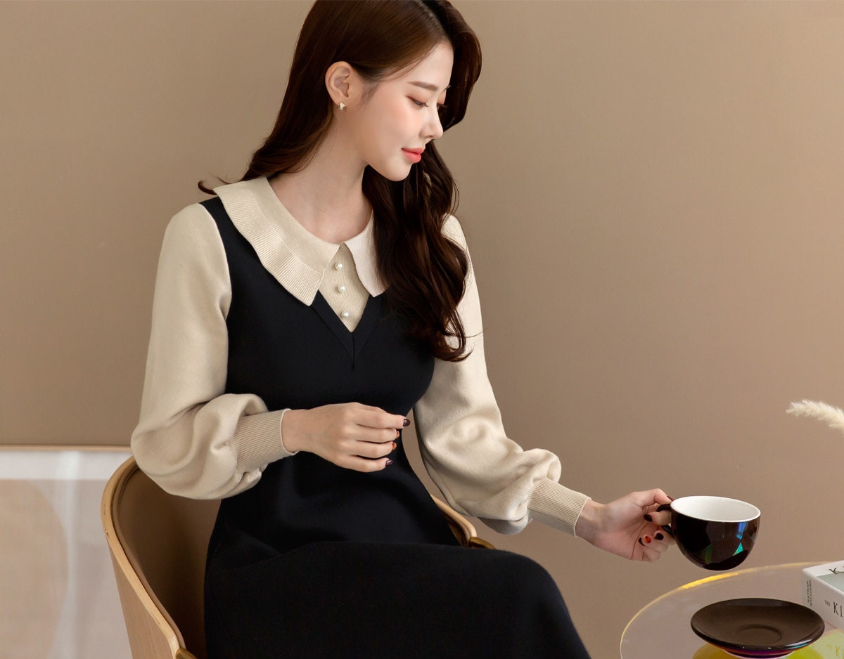 Puff Sleeve Flare Knit Dress / Korean Style Women Dress / Elegant Feminin Dress