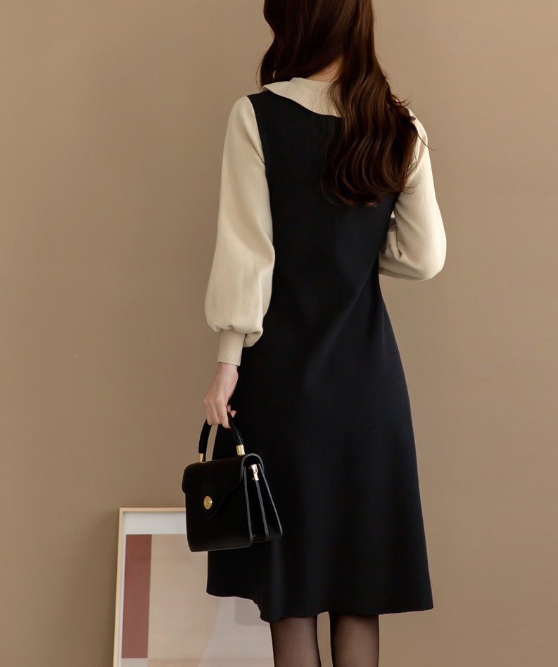 Puff Sleeve Flare Knit Dress / Korean Style Women Dress / Elegant Feminin Dress