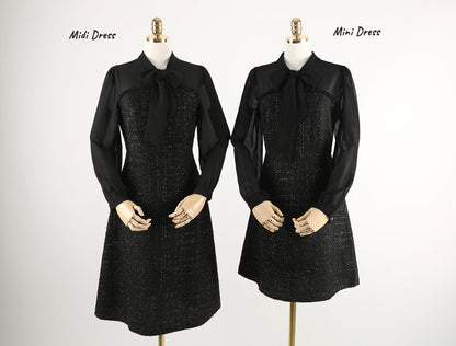 Chiffon sleeve Tie Mini Dress / Korean Style Black Midi Dress / Luxury wear Elegant Dress