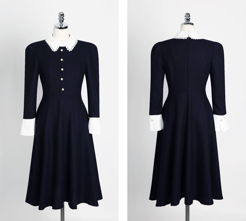 Navy Midi Dress with Lace Collar / Korean Style Women Dress / Elegant Feminin Wide Cuffs Dress