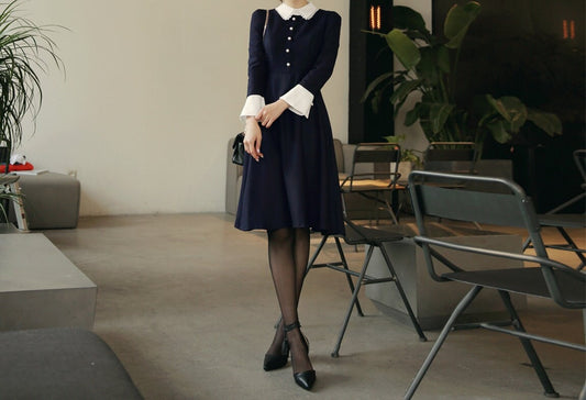 Navy Midi Dress with Lace Collar / Korean Style Women Dress / Elegant Feminin Wide Cuffs Dress