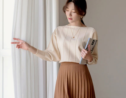 Long Sleeve Boat Neck Knit Top / Korean Style Women Clothes / Office Look Top / Everyday Basic Soft Knit Top