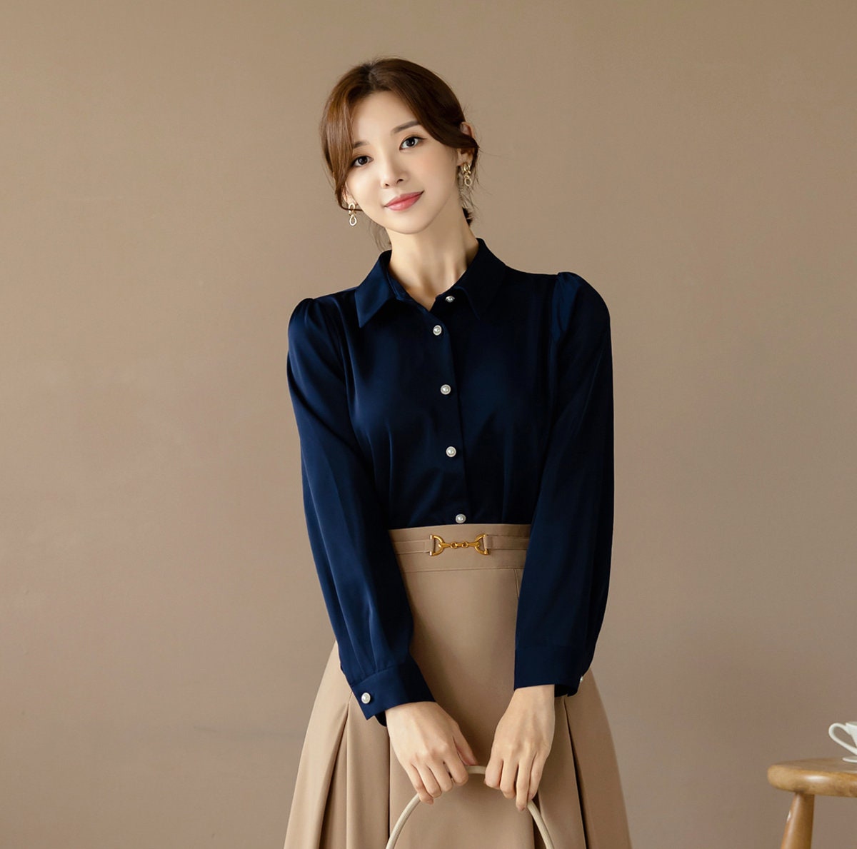 Long Sleeve with Pearl Button Blouse / Korean Style Luxury Feminine Women Clothes / Stylish Office Look Top / Everyday Soft Blouse