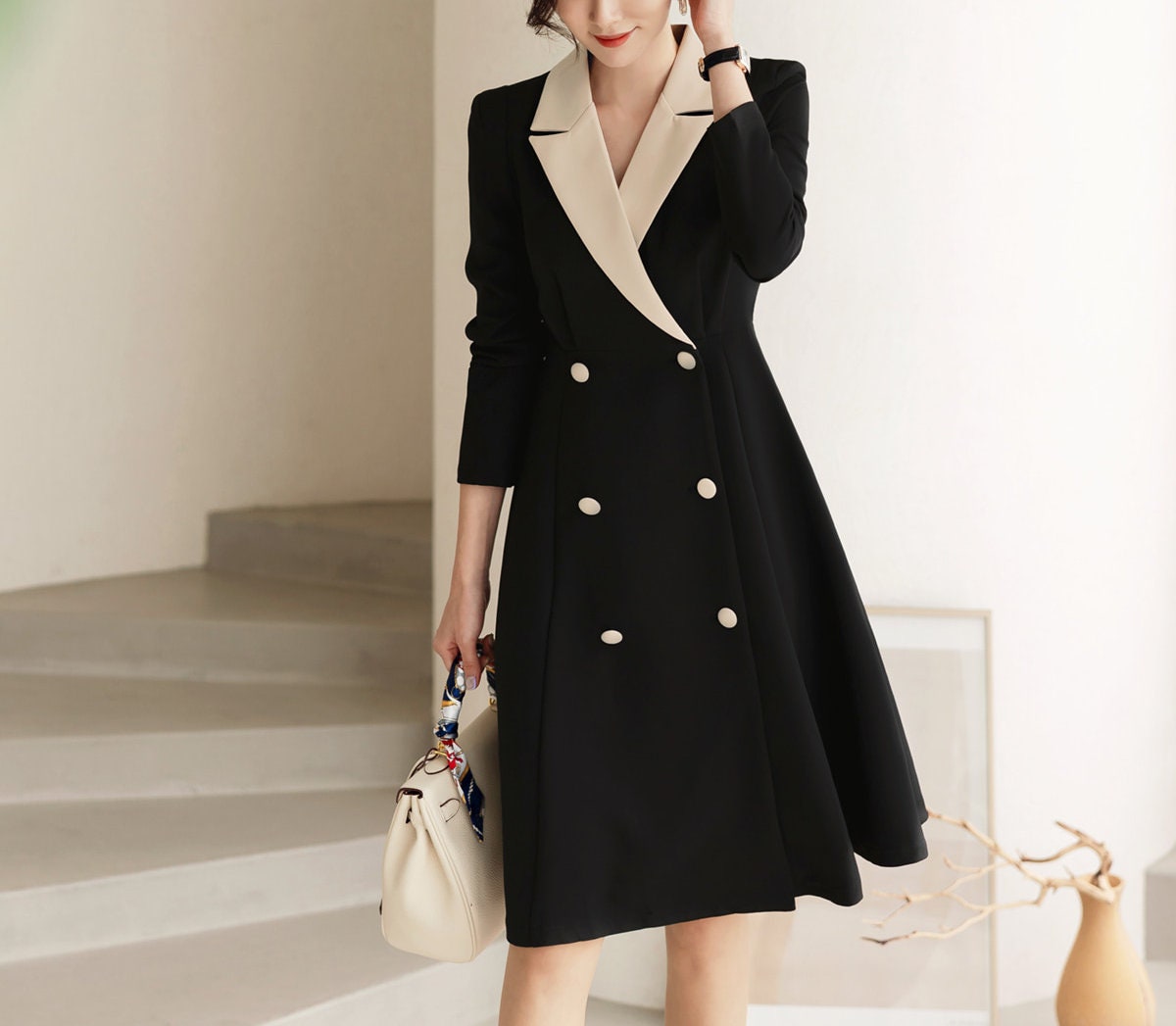 Korean Style Double Breasted Blazer Dress / V Neck Elegant Feminin Dress with Belt / Short Sleeve Modern Chic Midi Dress / Plus Size