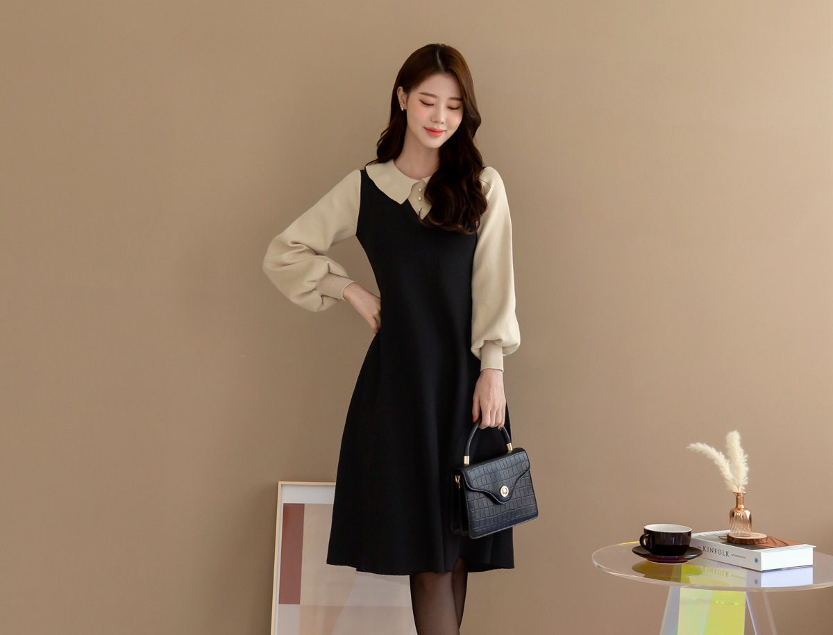 Puff Sleeve Flare Knit Dress / Korean Style Women Dress / Elegant Feminin Dress