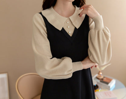 Puff Sleeve Flare Knit Dress / Korean Style Women Dress / Elegant Feminin Dress