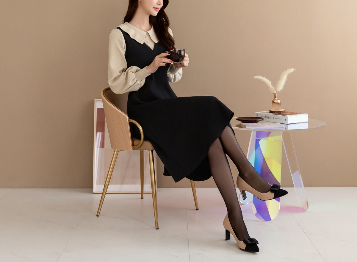 Puff Sleeve Flare Knit Dress / Korean Style Women Dress / Elegant Feminin Dress