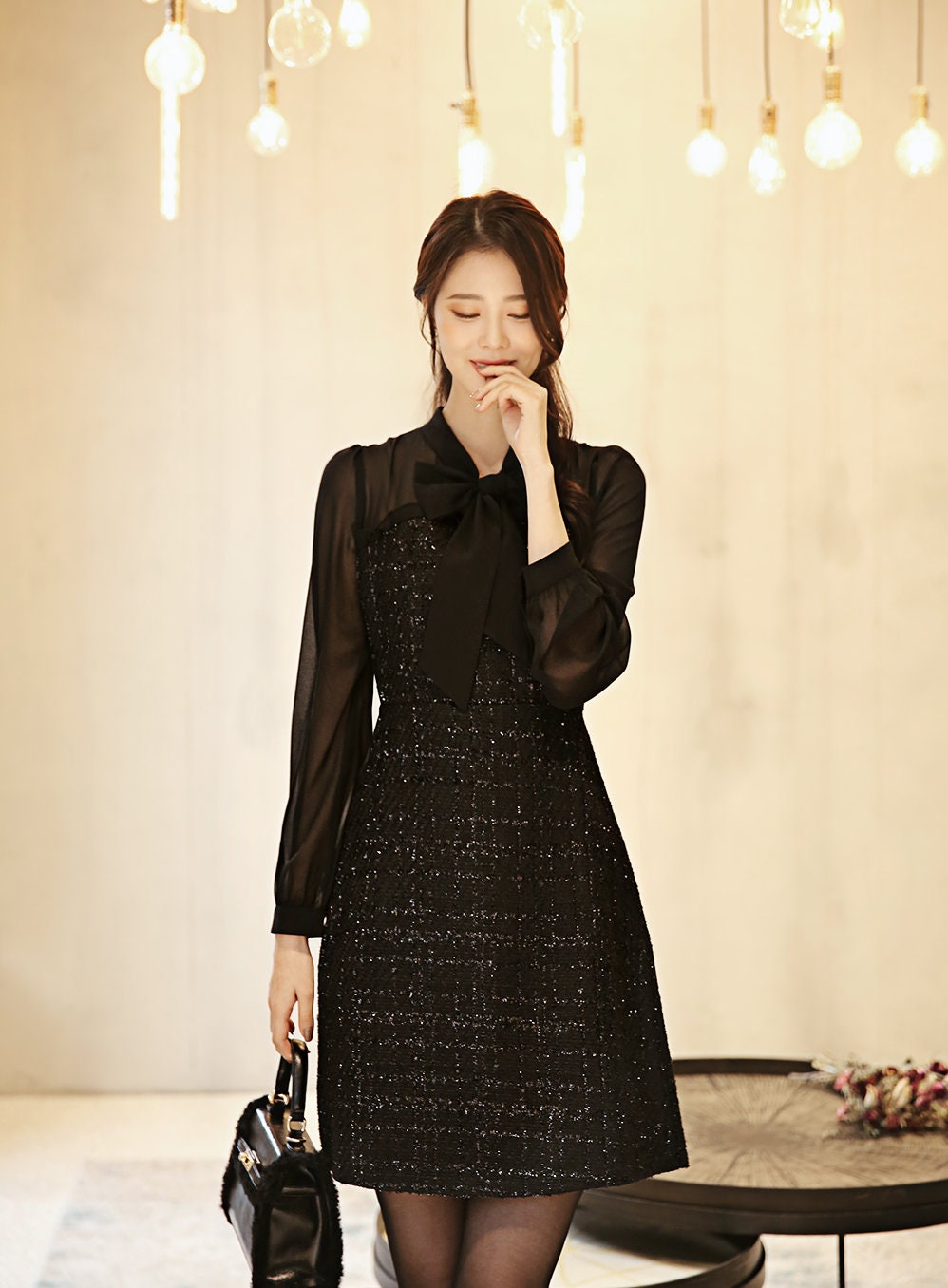 Chiffon sleeve Tie Mini Dress / Korean Style Black Midi Dress / Luxury wear Elegant Dress