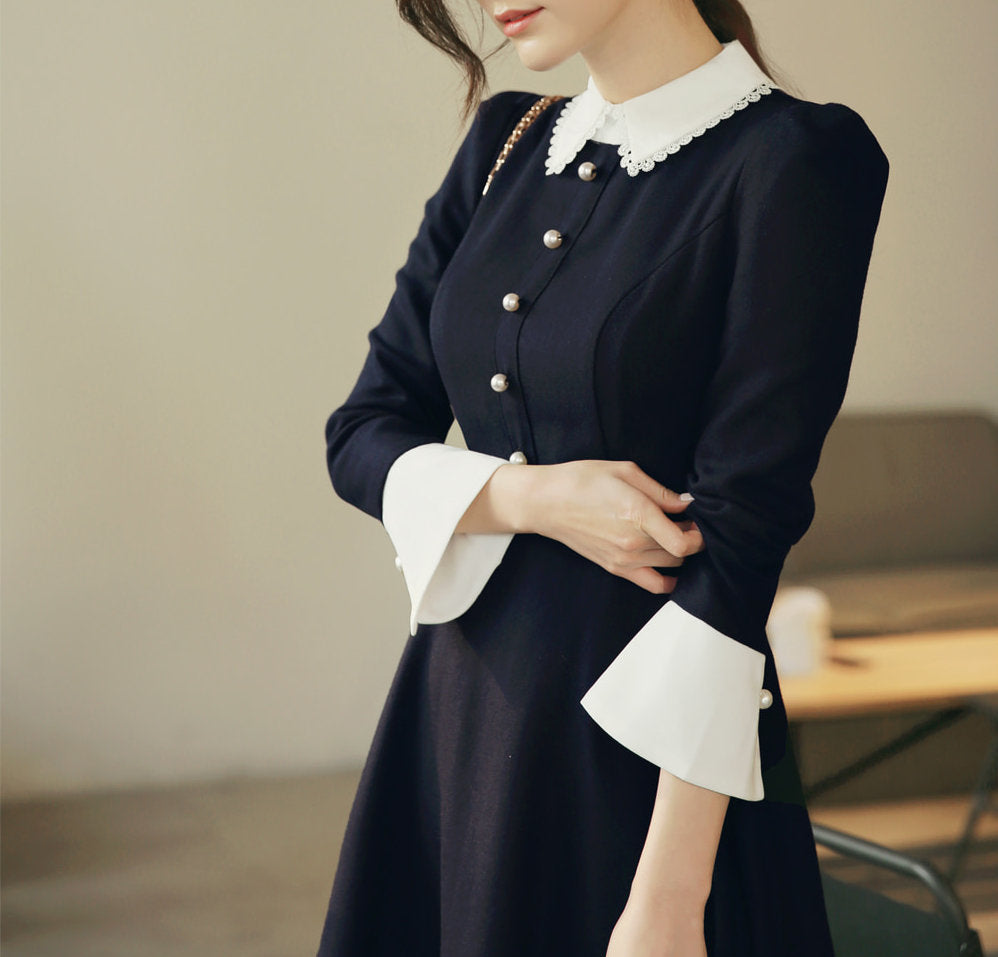 Navy Midi Dress with Lace Collar / Korean Style Women Dress / Elegant Feminin Wide Cuffs Dress