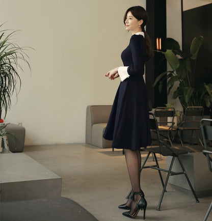 Navy Midi Dress with Lace Collar / Korean Style Women Dress / Elegant Feminin Wide Cuffs Dress