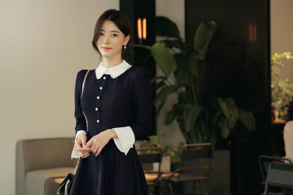 Navy Midi Dress with Lace Collar / Korean Style Women Dress / Elegant Feminin Wide Cuffs Dress