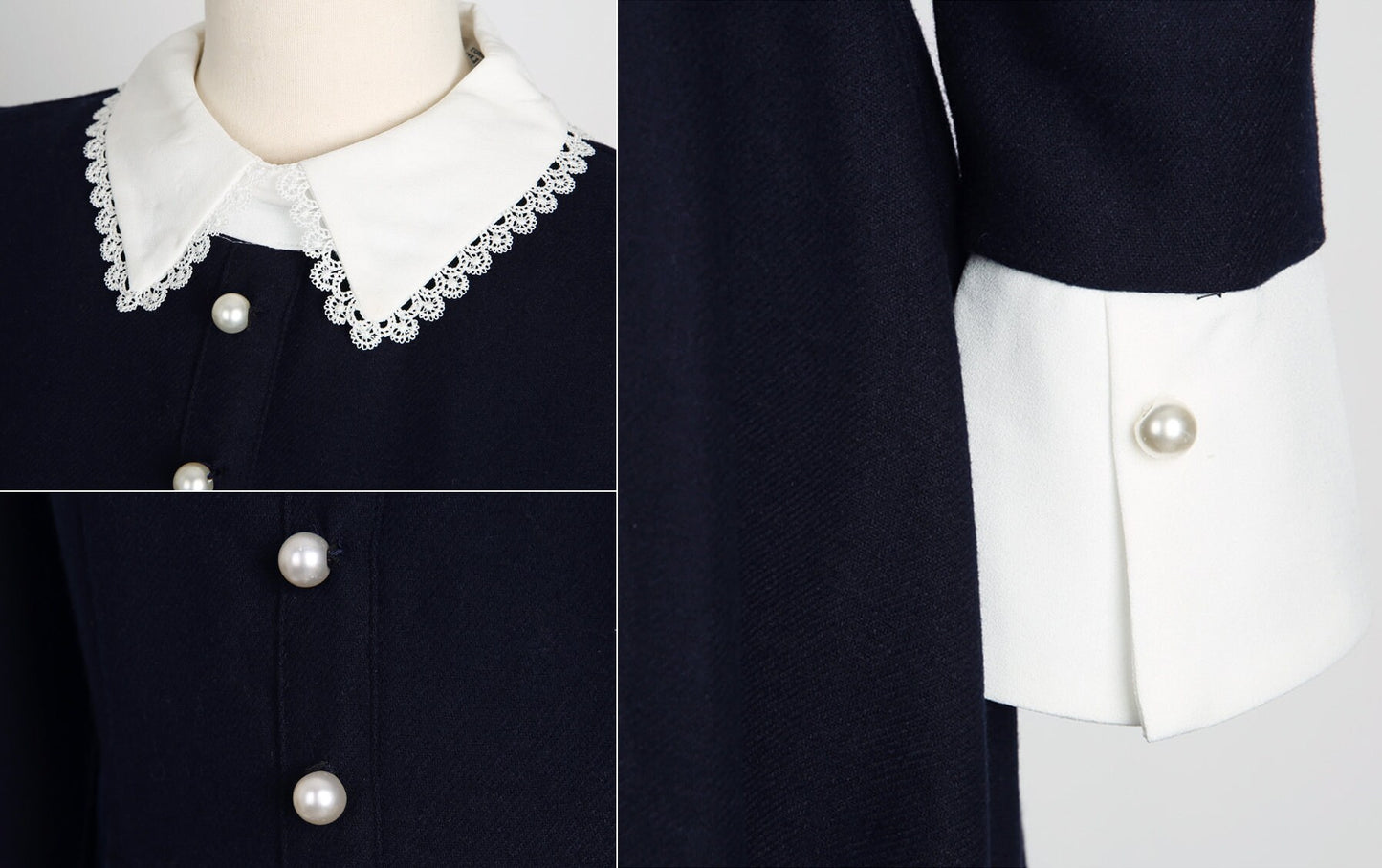 Navy Midi Dress with Lace Collar / Korean Style Women Dress / Elegant Feminin Wide Cuffs Dress